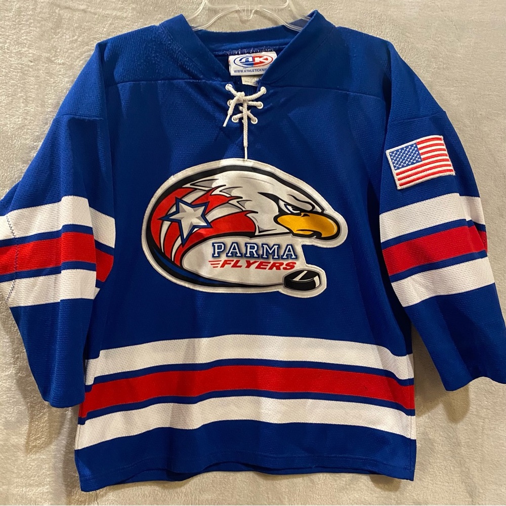 Parma Flyers Jersey Youth Large Blue Hockey Logo Stitched Ohio Lace Up Virzi